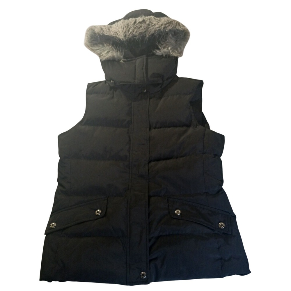 Talbots Down Puffer Vest Petite‎ S Faux Fur Hood Zip Snap Quiet Luxury Modern